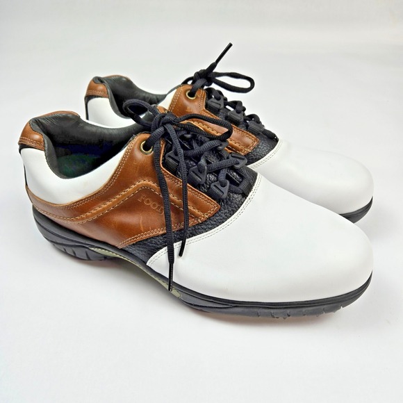 FootJoy Contour Series Mens 10.5 Saddle White Tan Soft Spikes Golf Shoes 54108 - Picture 1 of 10